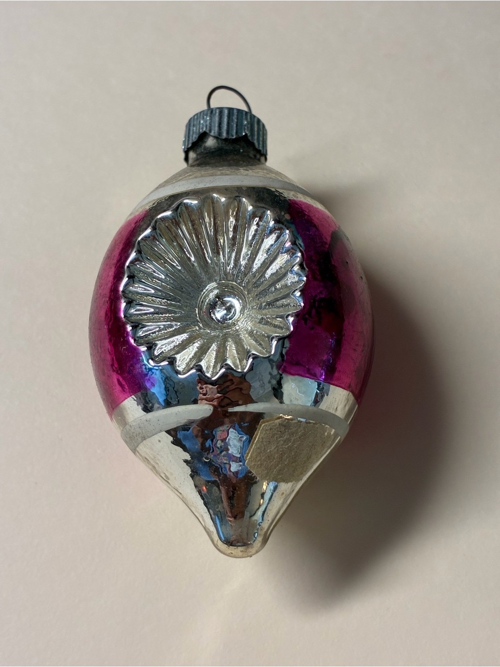 Vintage Pink and Silver Glass Holiday Ornament -shiny Brite